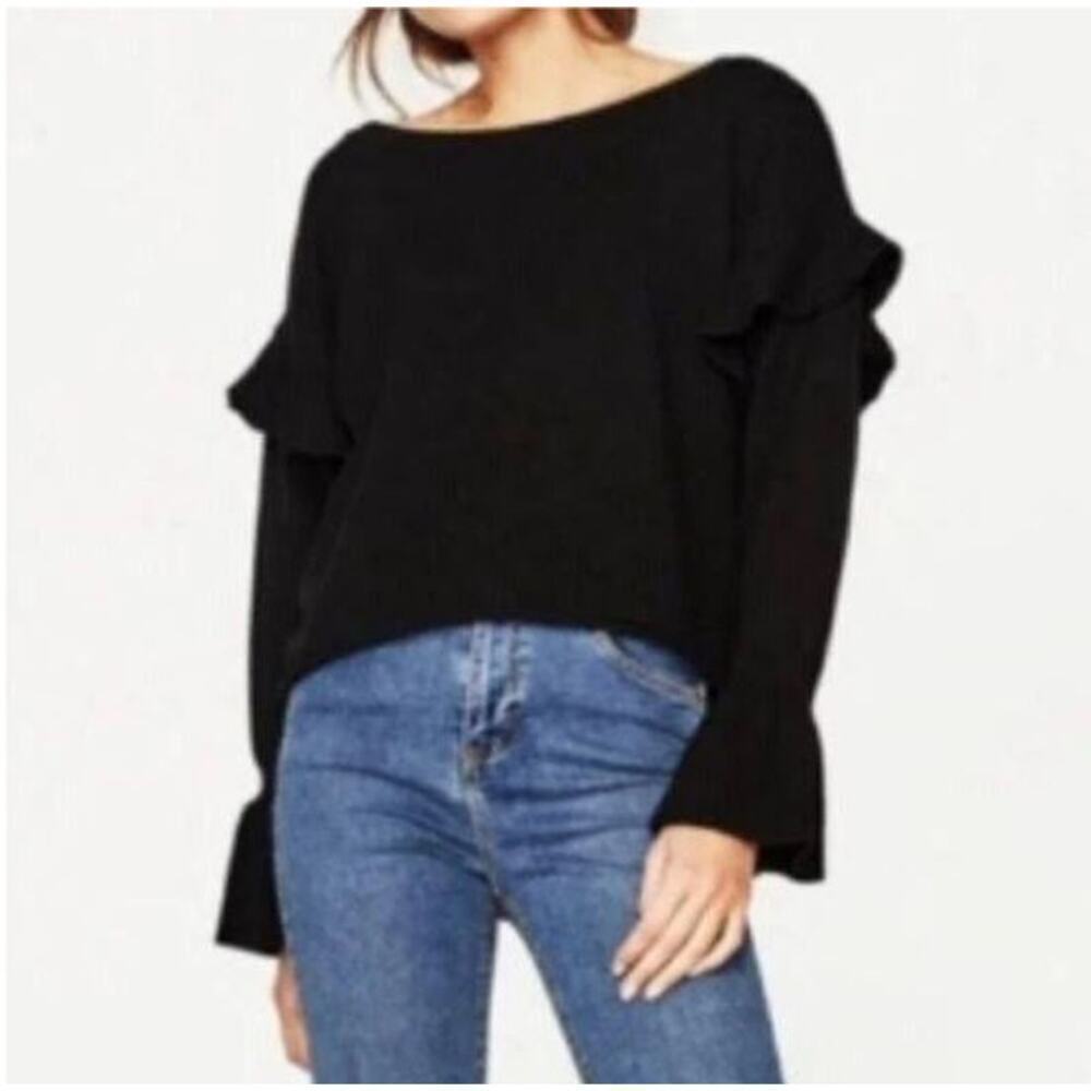 Zara Knit Black Flounce Sweater Bell Cuff Ruffle Shoulder Black Women Size Small - Picture 9 of 12